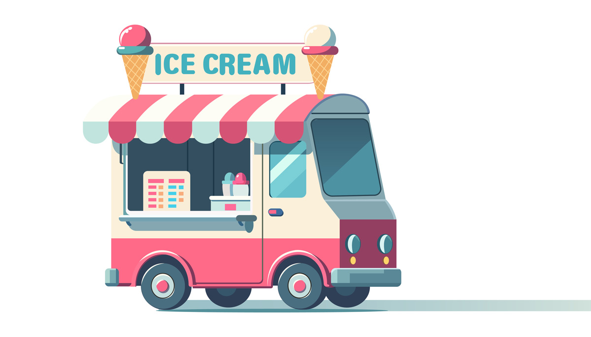 A drawing of a pink and white ice cream truck in Norman.